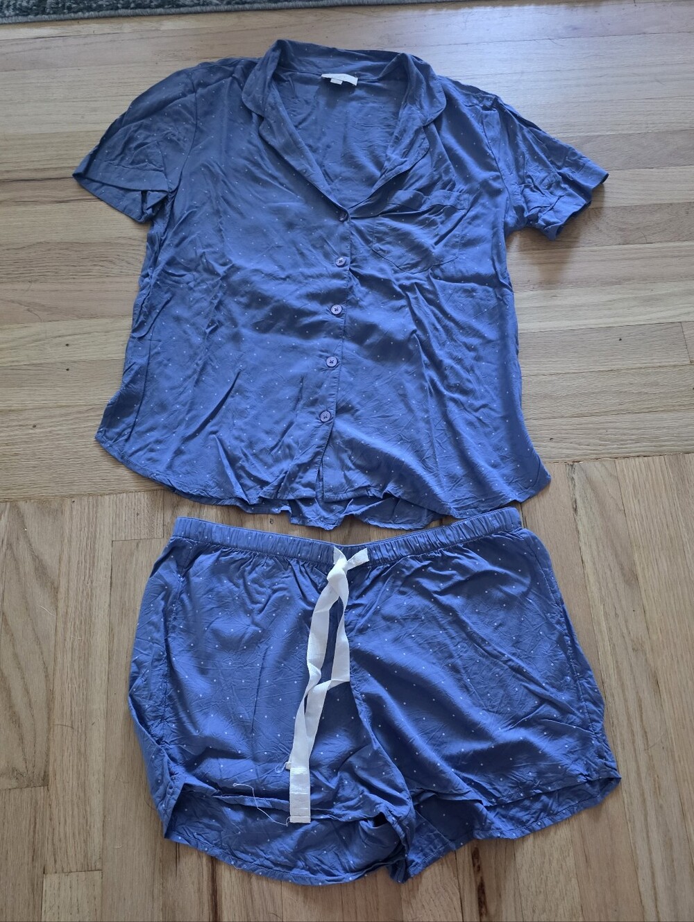 LOFT Blue Short-Sleeve Button Pajama Set with Drawstring